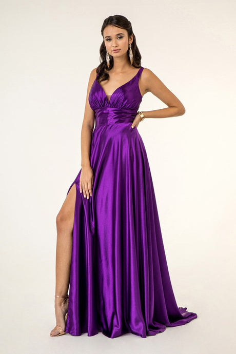 Eggplant V-Neck Wide Waistband A-Line Satin Long Dress /W Slit