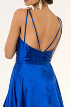 Royal Blue V-Neck Wide Waistband A-Line Satin Long Dress /W Slit