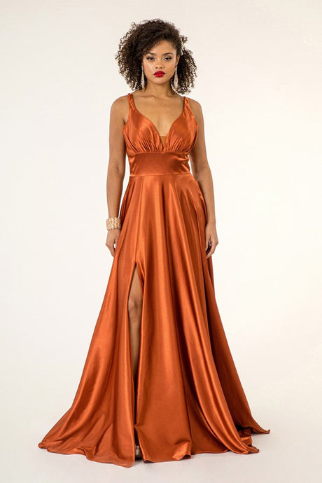 Sienna V-Neck Wide Waistband A-Line Satin Long Dress /W Slit