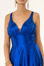 Royal Blue V-Neck Wide Waistband A-Line Satin Long Dress /W Slit