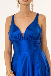 Royal Blue V-Neck Wide Waistband A-Line Satin Long Dress /W Slit
