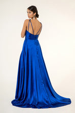 Royal Blue V-Neck Wide Waistband A-Line Satin Long Dress /W Slit