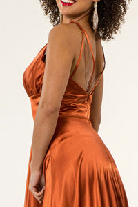 Sienna V-Neck Wide Waistband A-Line Satin Long Dress /W Slit