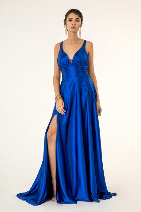 Royal Blue V-Neck Wide Waistband A-Line Satin Long Dress /W Slit