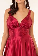 Burgundy V-Neck Wide Waistband A-Line Satin Long Dress /w Slit