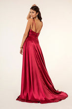 Burgundy V-Neck Wide Waistband A-Line Satin Long Dress /w Slit