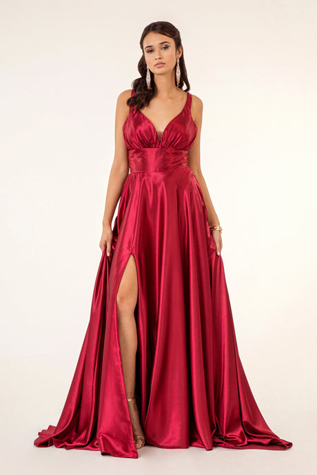 Burgundy V-Neck Wide Waistband A-Line Satin Long Dress /W Slit