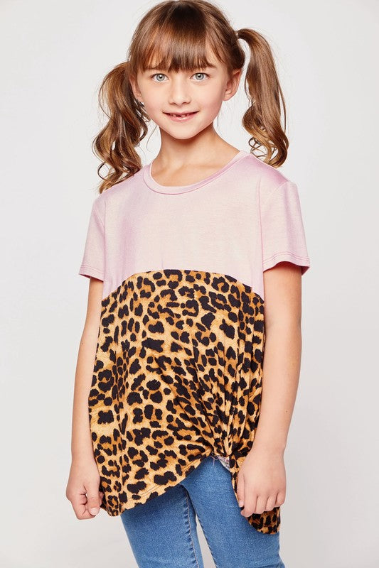 Dusty Pink/Leopard Kids Size Leopard Contrast Knot Top