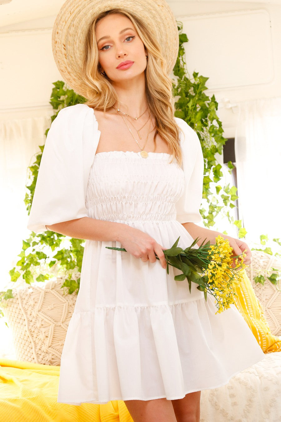 Off White Balloon Sleeves Dress