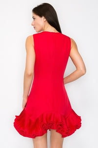 Red Flutter Ruffle Hemline Sleeveless Mini Dress