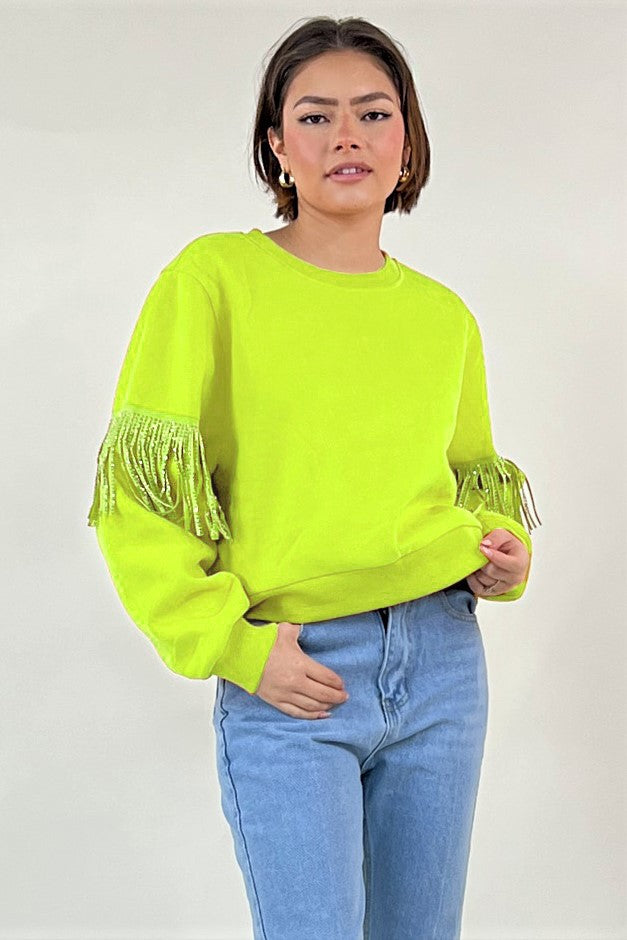 Lime Long Sleeve Sweater With Embellished Fringe