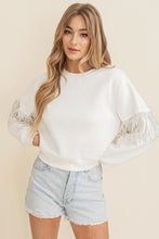 White Long Sleeve Sweater With Embellished Fringe
