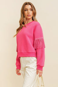 Hot Pink Long Sleeve Sweater With Embellished Fringe