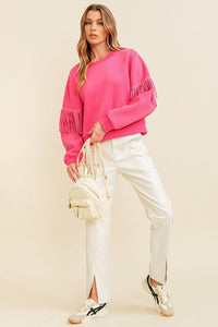 Hot Pink Long Sleeve Sweater With Embellished Fringe