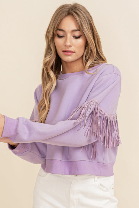 Lavender Long Sleeve Sweater With Embellished Fringe