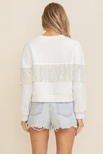 White Long Sleeve Sweater With Embellished Fringe