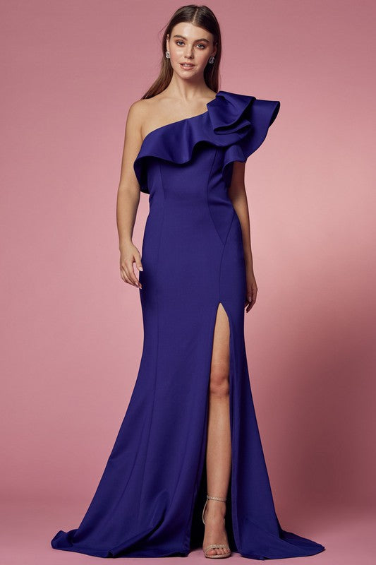 Royal Blue One Shoulder Solid Ruffle Shoulder Gown