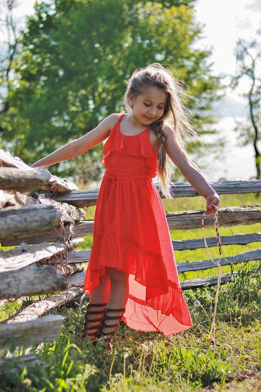 Retro Red Beach Beauty Hi-Lo Gauze Cotton Ruffled Dress