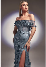 Smoky Blue Floral Print Fitted Off The Shoulder Gown