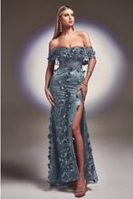 Smoky Blue Floral Print Fitted Off The Shoulder Gown