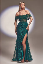 Emerald Floral Print Fitted Off The Shoulder Gown