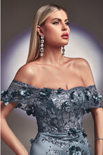 Smoky Blue Floral Print Fitted Off The Shoulder Gown