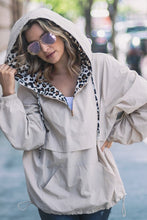 Beige Leopard Print Hoodie Zipper Up Pocket Windbreaker
