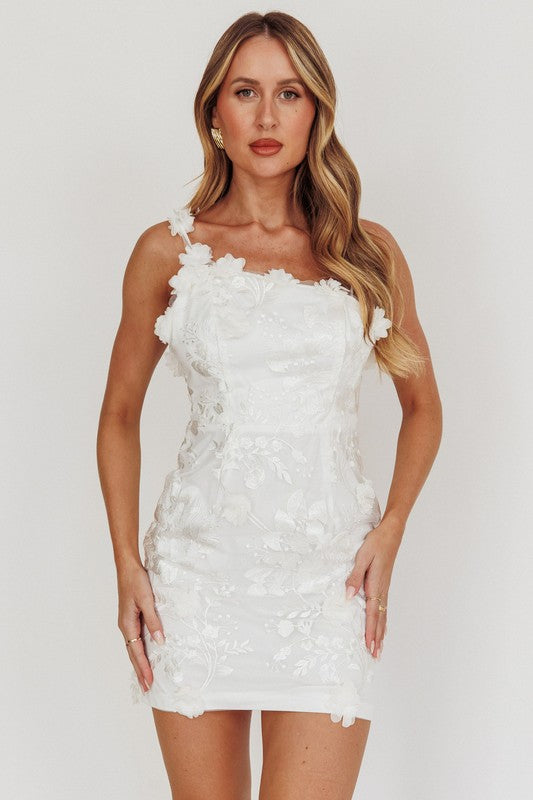 White Sleeveless 3D Floral Detail Midi Dress – Aquarius Brand