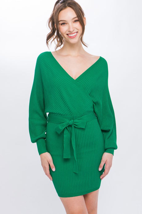 Kelly Off Shoulder Wrap Belted Ribbed Knit Dress