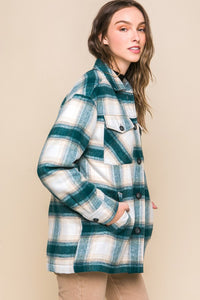 Teal Blue Plaid Button Up Jacket with Sherpa Lining