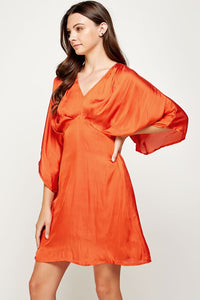 Burnt Orange Front Pleated Satin Mini Dress