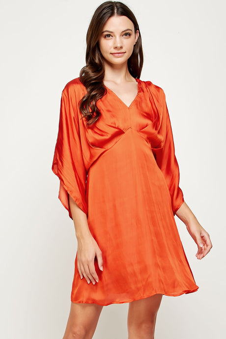 Burnt Orange Front Pleated Satin Mini Dress
