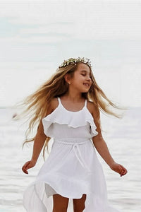 White Beach Beauty Hi-Lo Gauze Cotton Ruffled Dress
