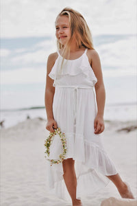 White Beach Beauty Hi-Lo Gauze Cotton Ruffled Dress