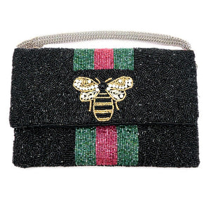 Black Honey Bee Striped Design Handmade Beaded Clutch Crossbody Bag