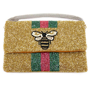 Gold Honey Bee Striped Design Handmade Beaded Clutch Crossbody Bag
