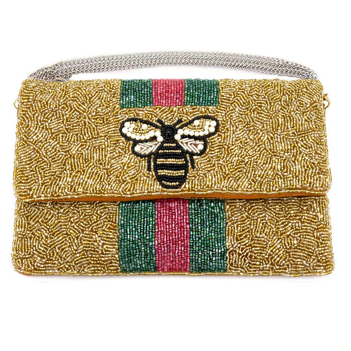 Gold Honey Bee Striped Design Handmade Beaded Clutch Crossbody Bag