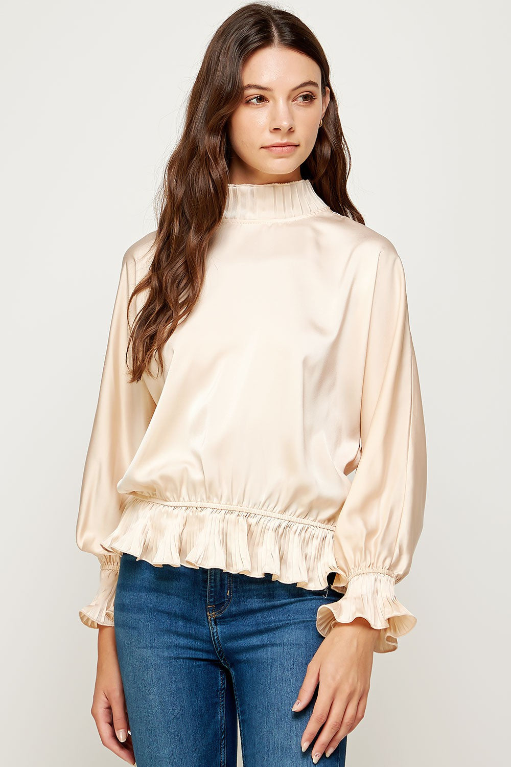 Champagne Ruffle Pleated Satin Blouse