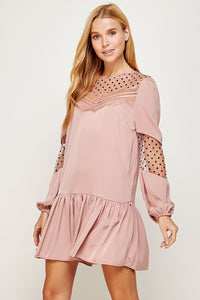 Dusty Pink Satin Dress With Polka-dot Mesh Trim