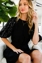Black Sequin Baloon Sleeves Dress
