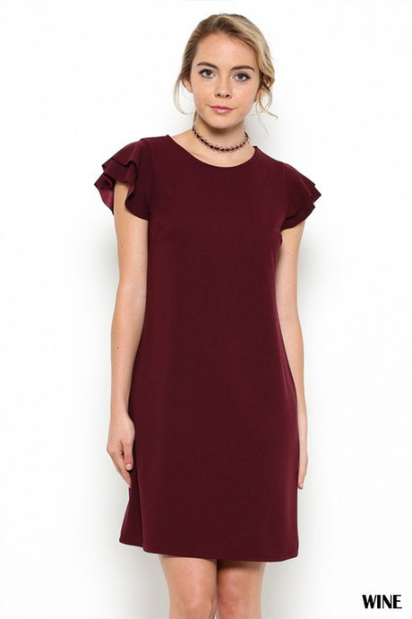 Wine Ruffle Sleeves Solid Tunic Dress