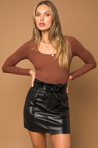 Brown Long Sleeve Square Neck Bodysuit