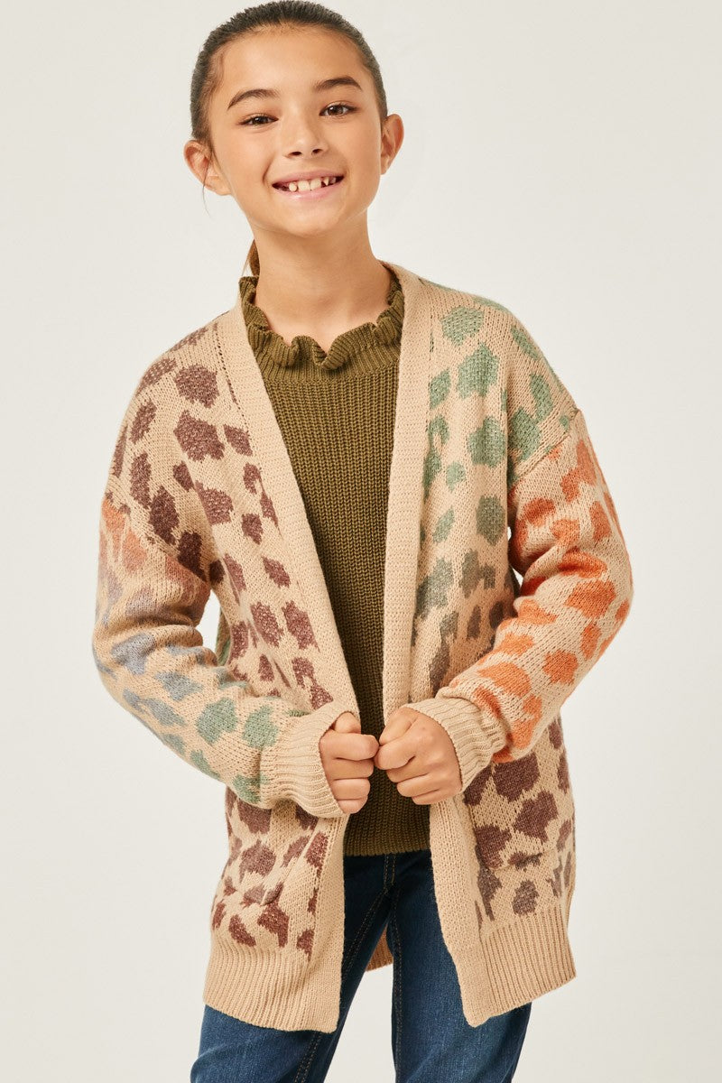 Olive Mix Girls Multi Color Leopard Open Sweater Cardigan
