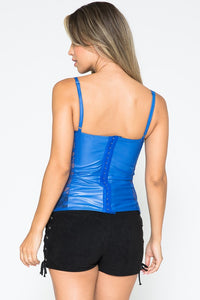 R-Blue Pleather Lace Flower Sexy Top