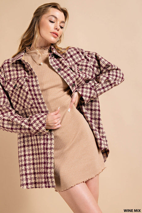 Wine Mix Plaid Shirt Button Down Jacket