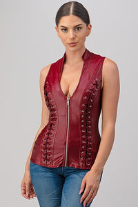 Burgundy Pleather Sleeveless Zip Up Top With Cross Cut