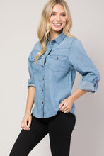 Medium Denim Chambray Button Down Top Denim Blouse Shirt
