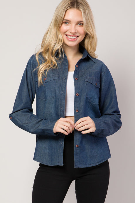 Dark Denim Chambray Button Down Top Denim Blouse Shirt