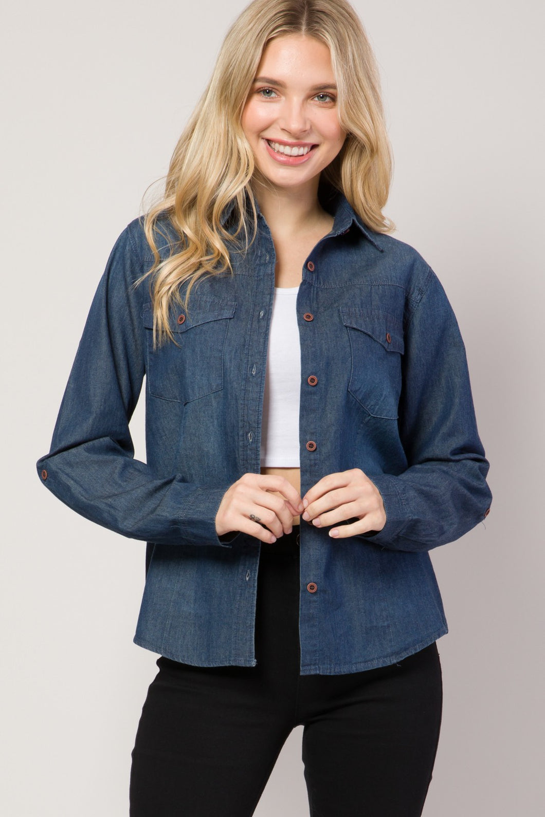 Dark Denim Chambray Button Down Top Denim Blouse Shirt