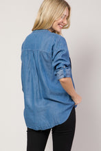 Medium Denim Chambray Button Down Split Neck Denim Shirt
